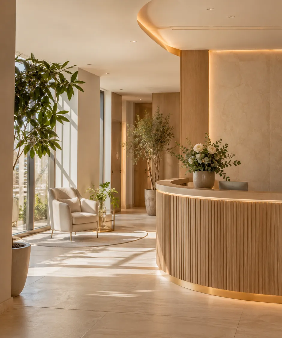 Recepção da Estética Avançada Tatiana Klein com ambiente claro, plantas e madeira clara